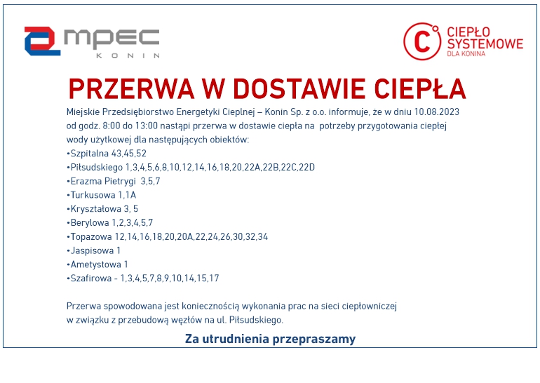 Komunikat MPEC - Przerwa w dostawie ciepła